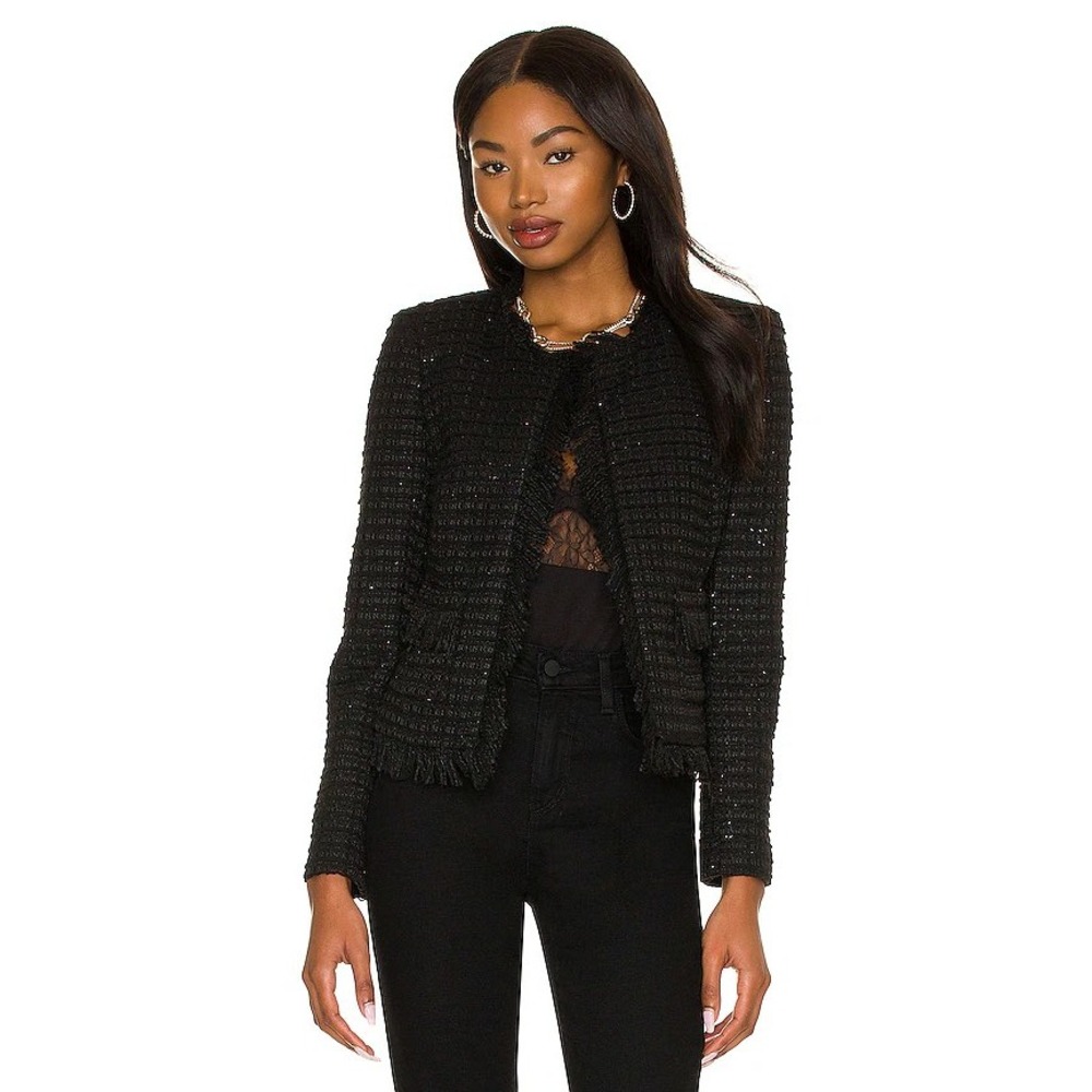 L'AGENCE Black Fringe-Trim Tweed Collarless Blazer